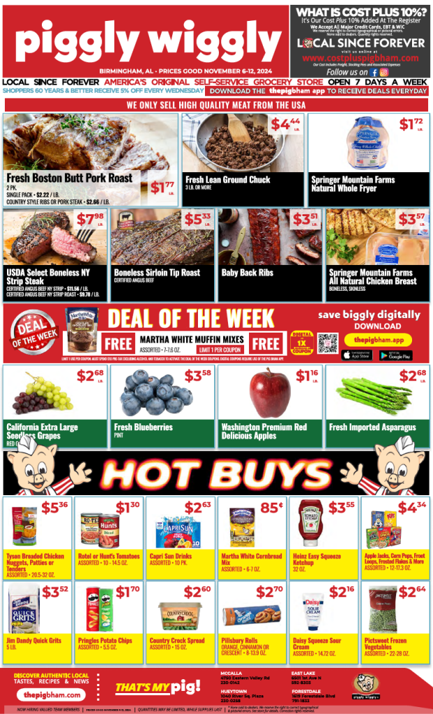 Piggly Wiggly updated weekly ad for Birmingham, AL, showing November 6-12, 2024 deals on meats, produce, and grocery items, including Boston Butt Pork Roast, ground chuck, fresh produce, and popular grocery brands.
